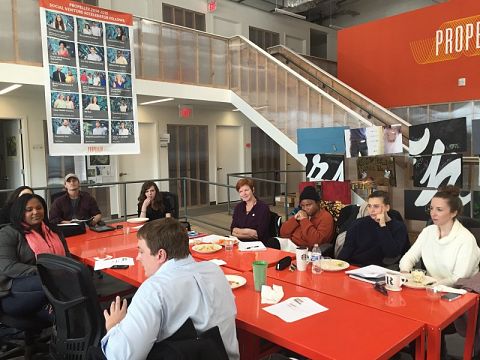 Kickstarter entrepreneurs gather at the Propeller Incubator for the program's first meeting.