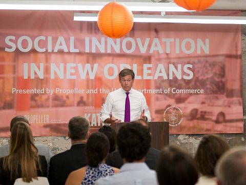U.S. Deputy Assistant Secretary of Commerce for Economic Development and Chief Operating Officer for the Economic Development Administration Matt Erskine announces $300,000 in funding to Propeller water entrepreneurs.
